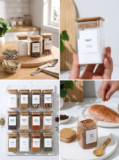 12Pcs Square Spice Jars With 72 Stickers