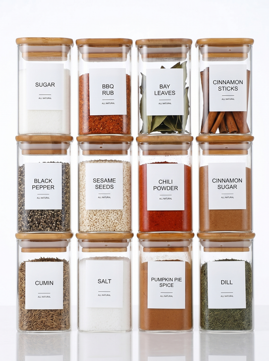 12Pcs Square Spice Jars With 72 Stickers